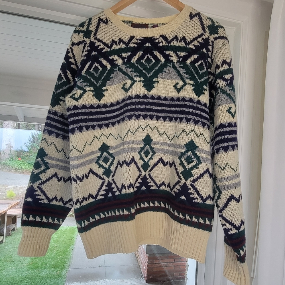Vintage 90's Cranmore Patterned 100% Shetland Wool Crewneck Sweater Medium